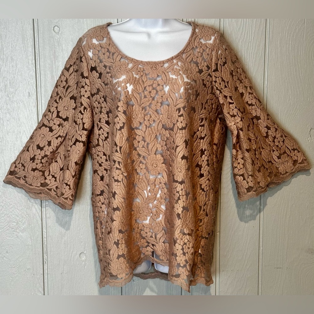 Pleione Sheer Lace Floral Tan Top - FINAL PRICE